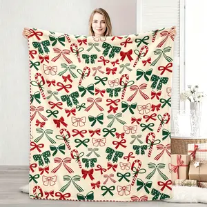 Christmas Flannel Throw Blanket Soft Cozy Lightweight Holiday Blanket with Candy Cane and Bow Pattern for Couch Sofa Bed Xmas Gift
