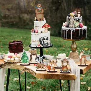 Set of 12 Wooden Wild Creatures Centerpieces, Woodland Animals Table Decorations, Double Sided Painted Cutout Shapes Table Topper Decor for Forest Birthday Camp Party Supplies