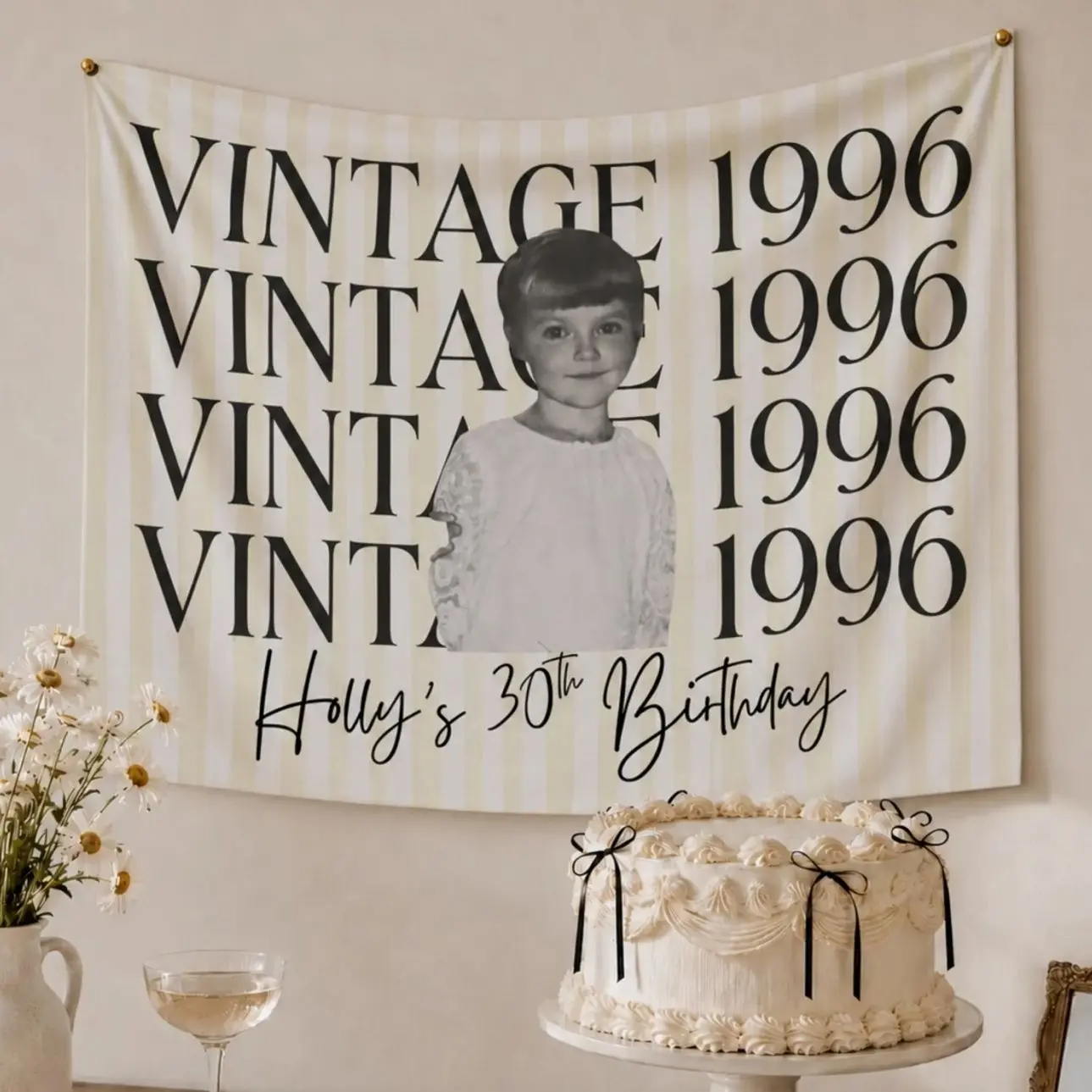 Custom Photo Birthday Banner Vintage Striped Party Decor Personalized Backdrop For Any Age