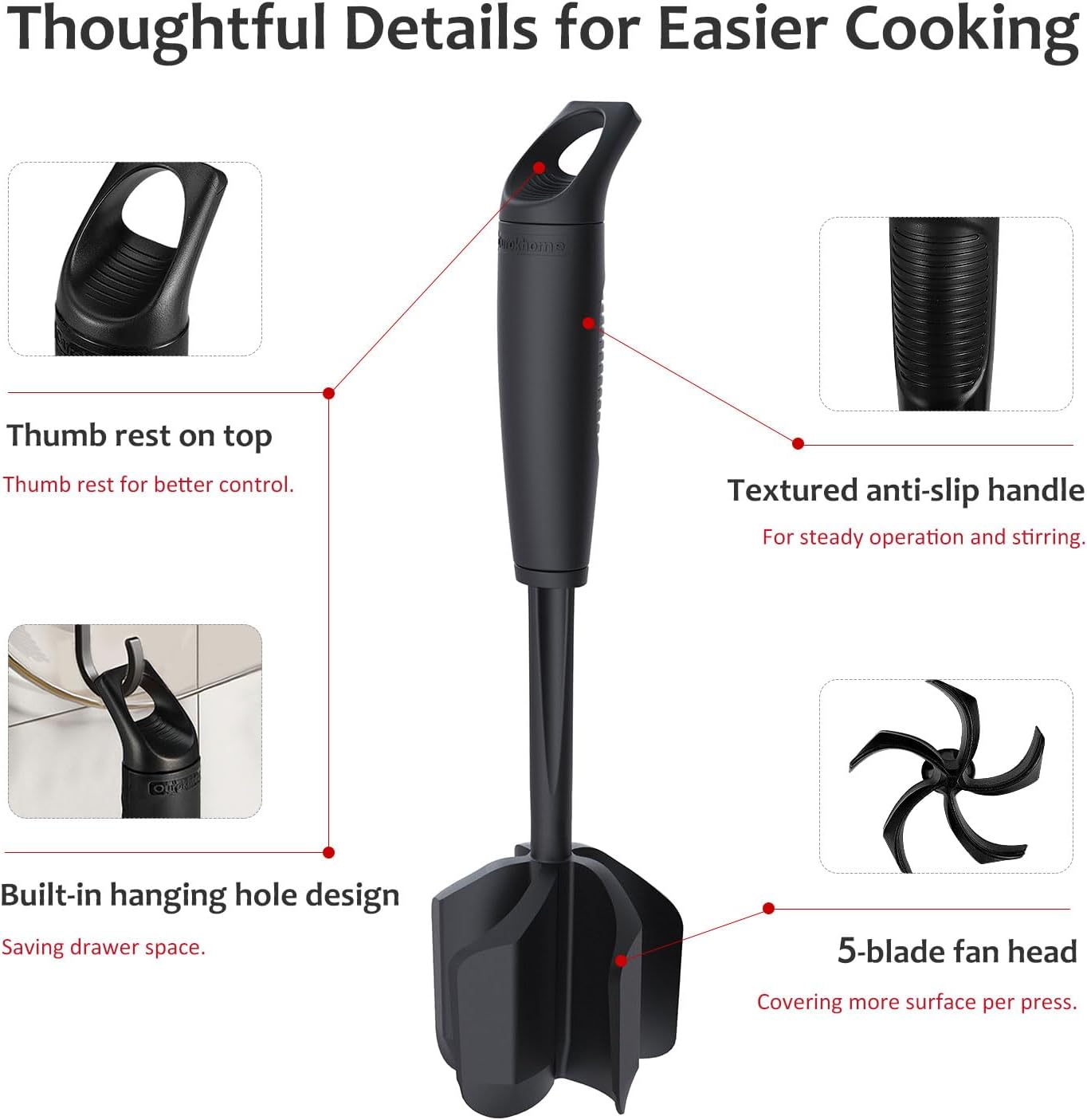 Ourokhome Meat Chopper & Potato Masher – Heat Resistant Nylon Ground Beef Smasher, 5-Blade Nonstick Mixer & Stirrer, Multi-Use Kitchen Tool, Black