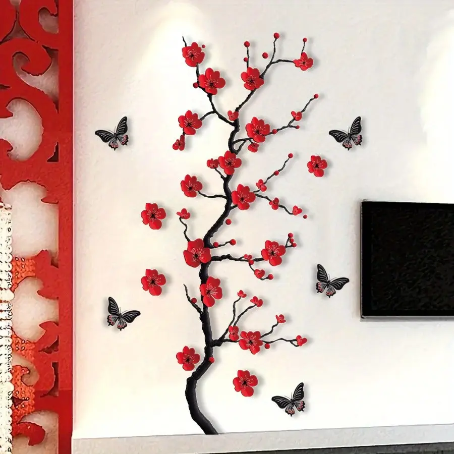 Watercolor Plum Blossom Wall Sticker, Wall Decal, Adhesive Decals, Sticker Decorations, Interior Stickers, PVC Self-Adhesive Decor for Living Room, Bathroom, Home Decor and Art Entrance