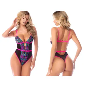 Women's Fitted Embroidered Floral Lingerie Thong Teddy Bodysuit - 1-Piece Hot Pink, Teal Sheer Mesh Underwear, Embroidery
