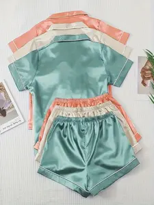 Luxury Summer Slumber - 3-pack Satin Pajama Set, Short Sleeve Lapel Button Top & Bow shorts, Micro-Elastane, Casual-Style, Machine-Washable