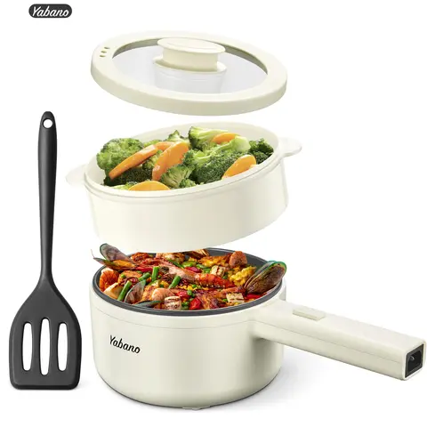 Yabano Durable Ceramic Electric Hot Pot - 850W 1.6L Non-Stick Less-Oil Cooker for 1-3 People, Dual Power Control, 425W Soup Mode, 360° Even Heating, Portable with Steamer, Silicone Spatula (Dorm Kitchen Appliances)