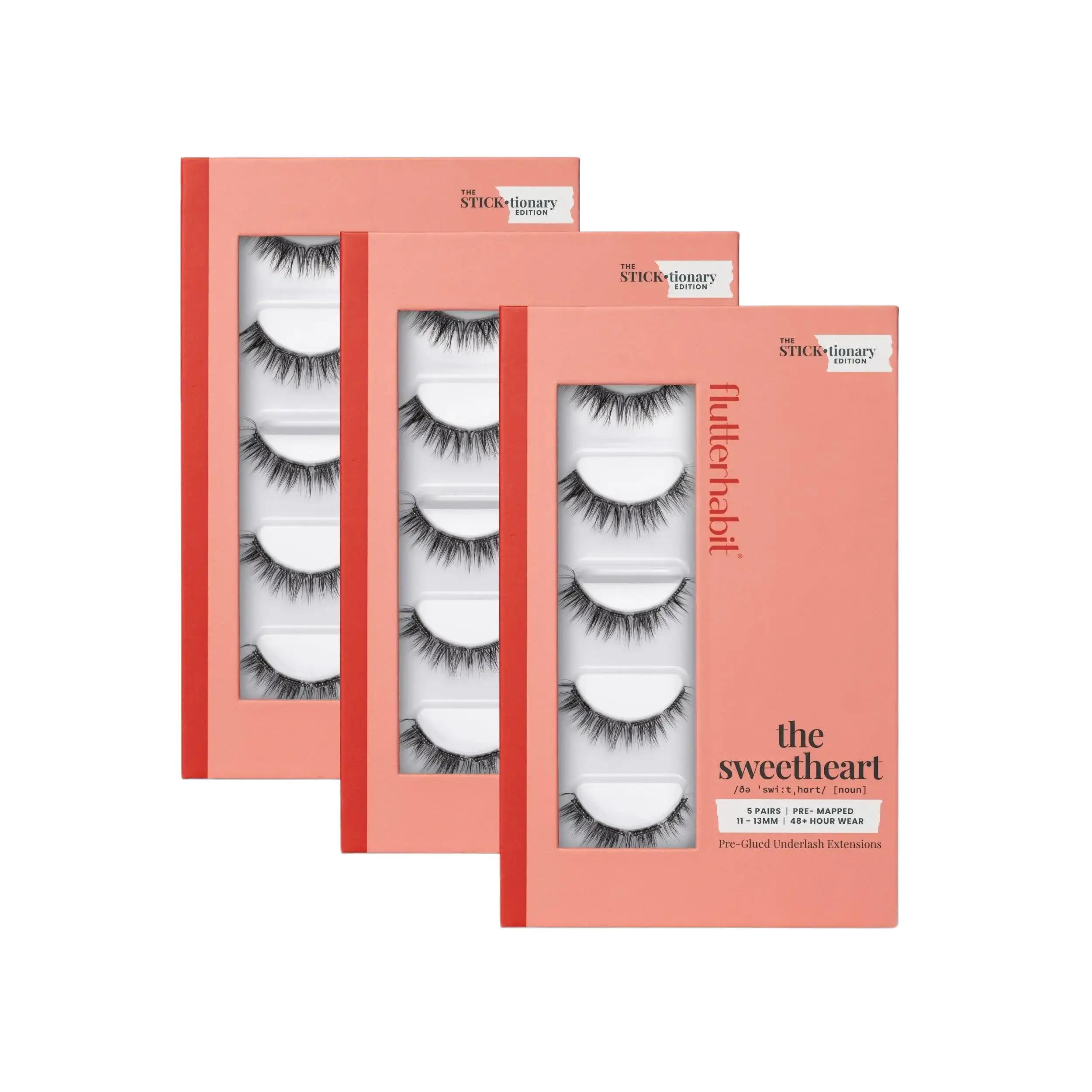 FlutterHabit Pack of 3 Pre-Glued Press On Lash Extensions - 5 Pairs Per Box - The Sweetheart® - 11-13mm Dramatic C/D Curl Doll Eye Lash