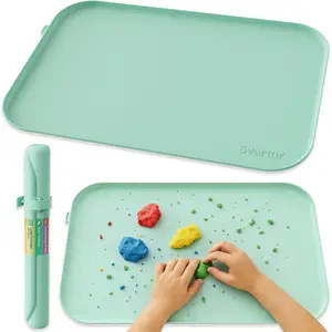 Silicone Craft Mat 24" x 16" with Raised Edge, Roll-Up Design with Storage Strap, Multi-Purpose Desk & Table Protector Silicone Art Mat for Crafts, Painting & DIY, Light Green