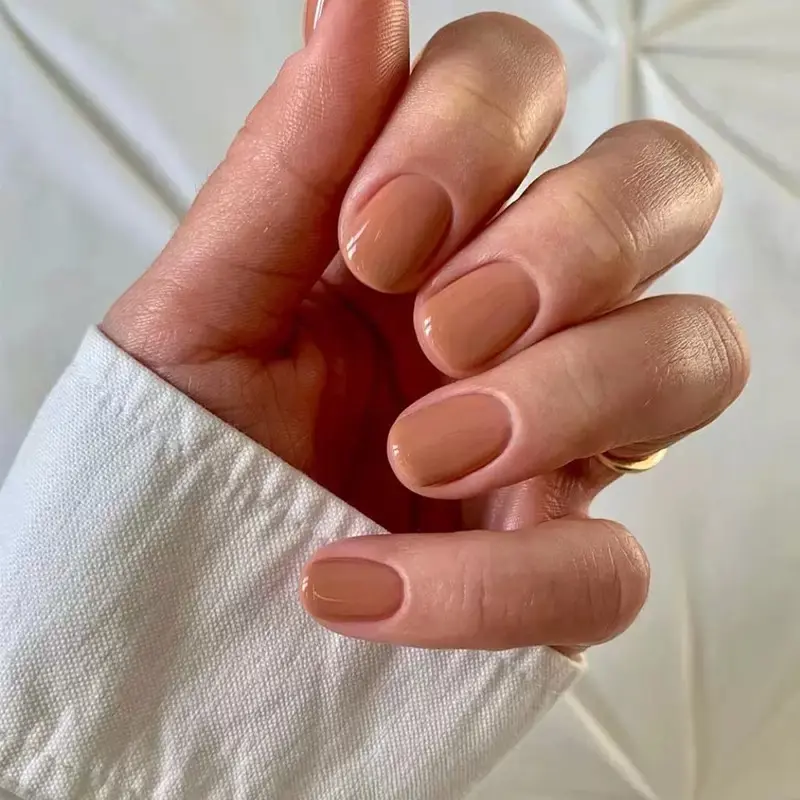 Soft Caramel Nude Press On Nails Short Oval – Everyday Neutral Fake Nails, Glossy Reusable 24Pcs Nail Kit for Women Office Manicure