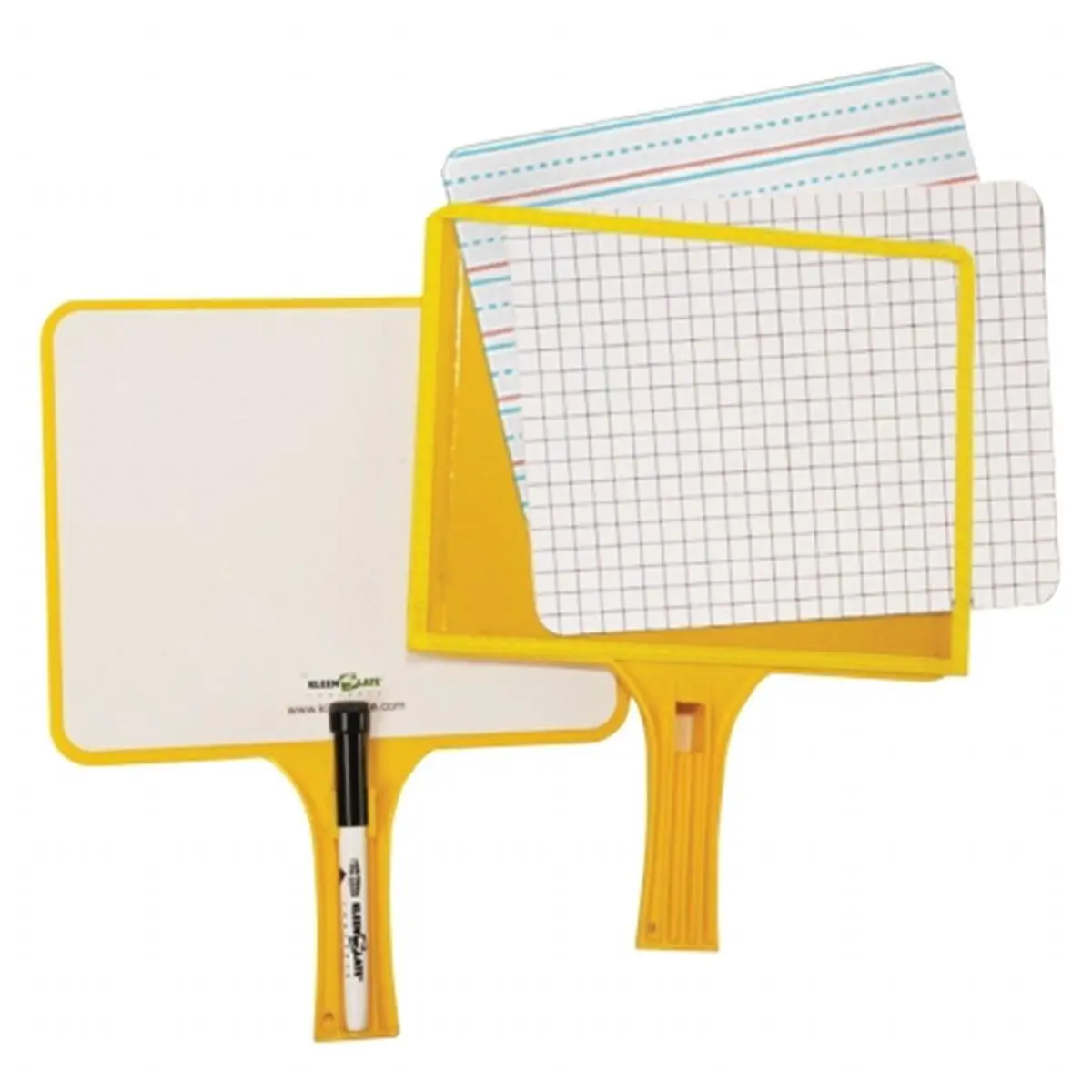 KleenSlate Whiteboard Set, 24-Pack 2-Sided Paddles for Classrooms with Changeable Templates & Transparent Sleeves, Assorted Colors, Includes Markers & Erasers, 6" h x 17" w x 19" l, School, Microfiber Cleaning Cloth