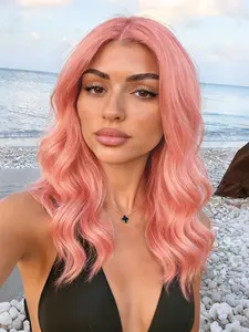 Pink Short Body Wave Wig Apricot 13x4 HD Transparent Lace Front Wigs Pre-Plucked Hairline Synthetic Wig Concert Look Wavy Wig Coachella Festival Look Lace Frontal Wigs Free Parting for Women Party 16 Inch