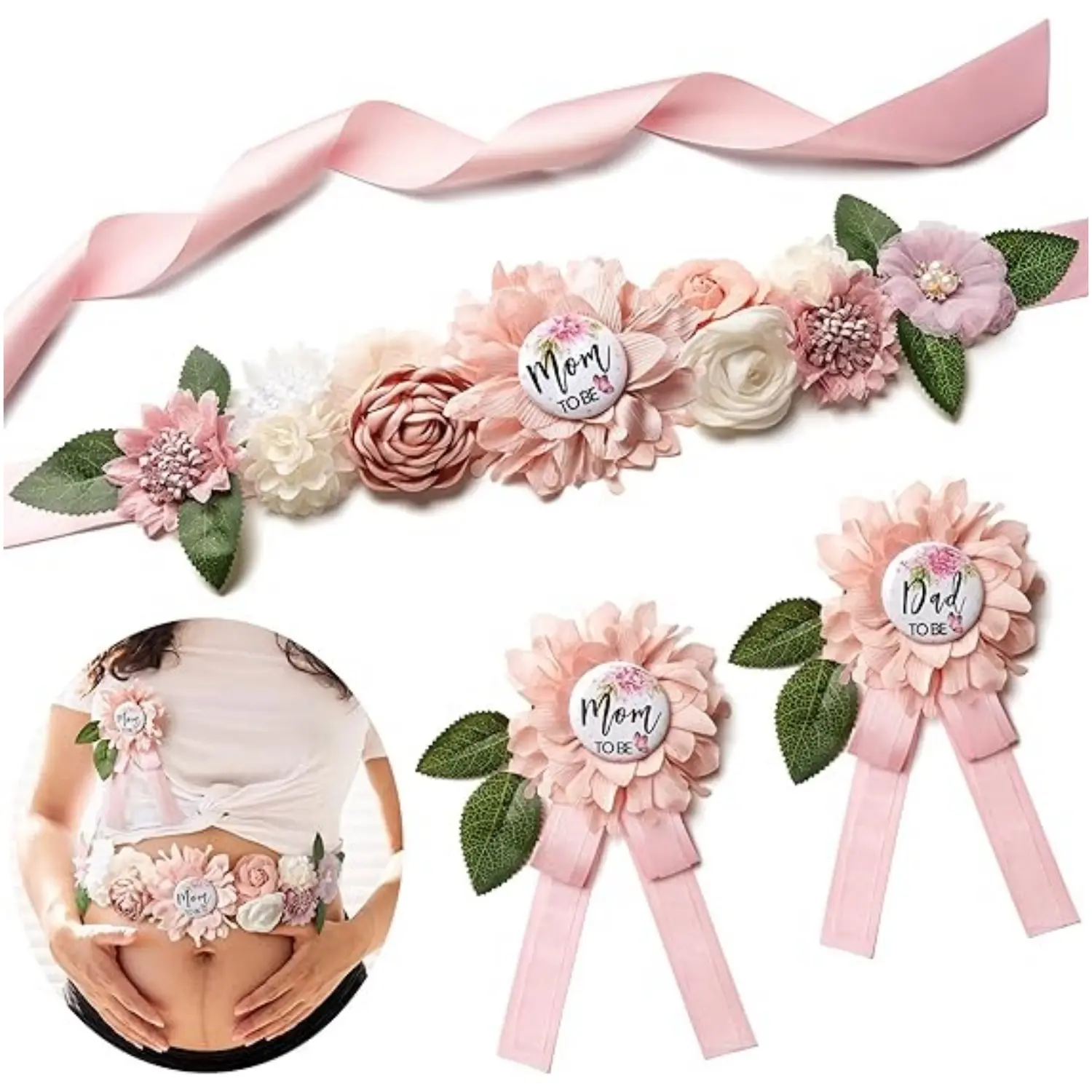 Baby Shower Maternity Sash Belly Belt-Pink Flower Sash Set Mom to Be & Dad to Be Corsage Pins for Gender Reveal