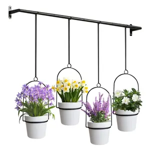1set Metal Adjustable Hanging Planters, Floating Plant Hangers, with 4 Plastic Pots, Rail for Indoor Window & Ceiling Herb Garden, Wall Plant Hanger with Nylon Cords, 11.8"-18.1" Expandable Cabinet Drawers for Pot and Pan, Slide Out Storage Rack,black
