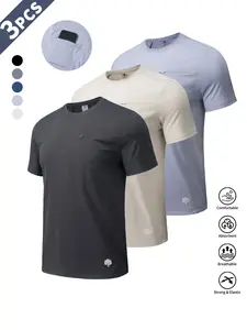 1/3/4 PACK Men's Soft Breathable Cotton-Like Sport T-Shirt, Zipper Pocket Design, Logo Trim, Casual Lightweight Tee, Ideal for Biking, Fitness, Outdoor Activities