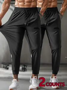 Men's Solid Zipper Pocket Drawstring Waist Pants, Athleisure Regular Fit Casual Comfy Breathable Trousers for Outdoor Workout Running, Men's Bottoms for All Seasons, Fitness Sports Pants, Athleisure Style Pants, Stretch Fabric Activewear, Gymwear