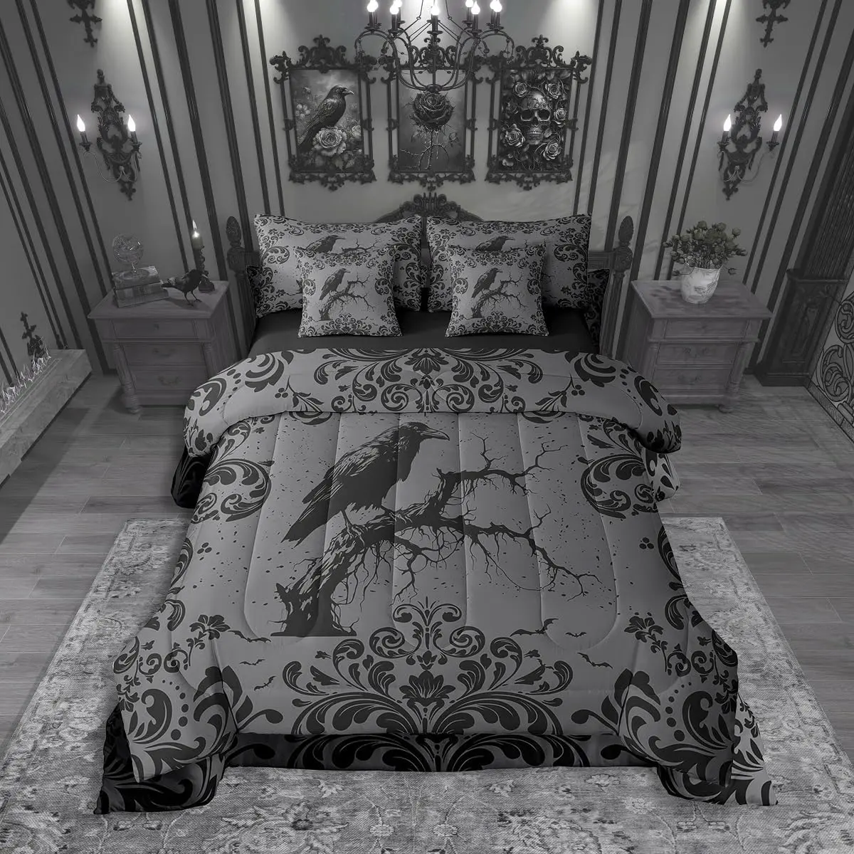 Black Raven Crow Bedding Set 7 Piece Damask Floral Gothic Comforter Set for Adults Men Women,Black Grey Halloween Decor Bed in A Bag Gothic Tree Branch Bird Bed Set