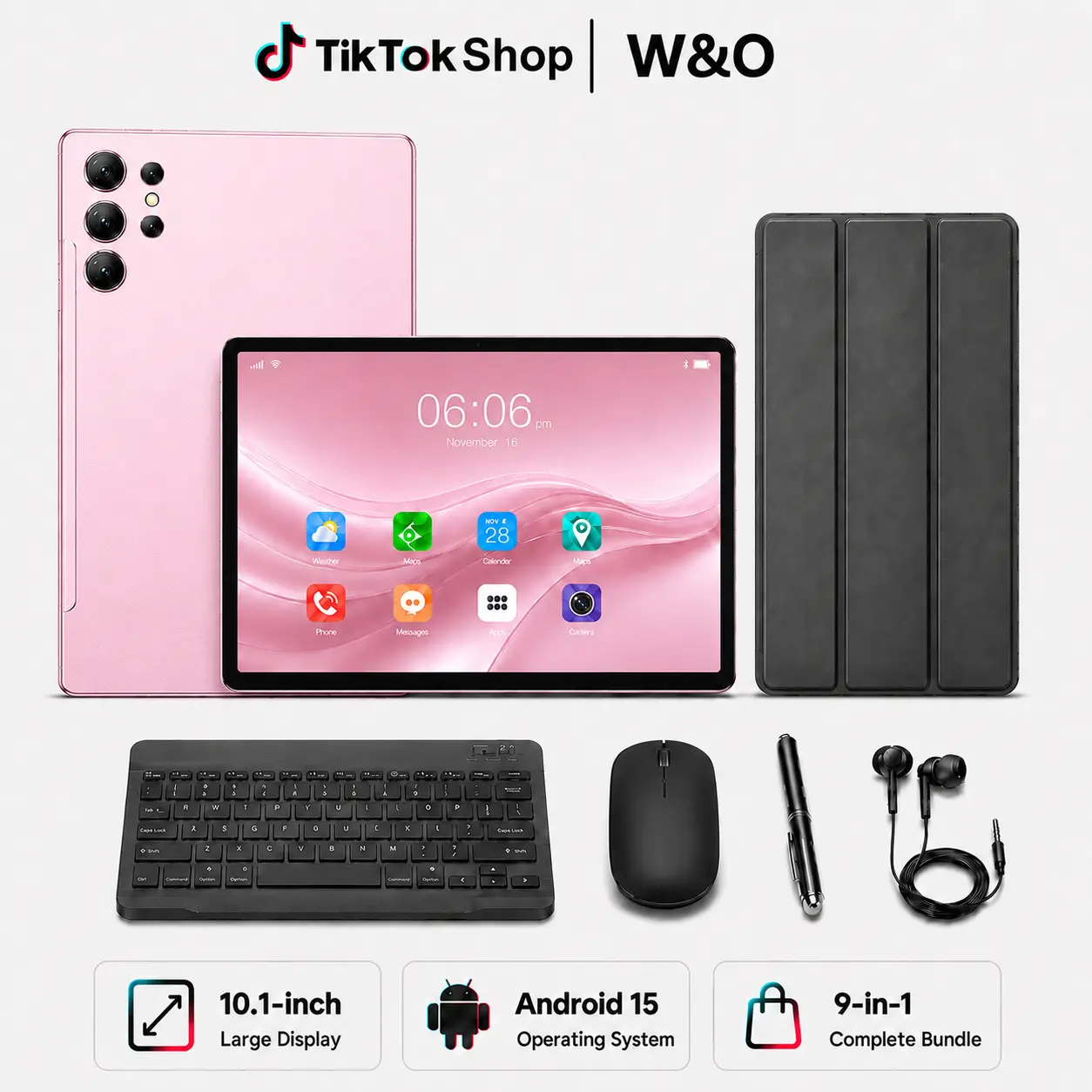 W&O X9 Android 15 Tablet, 10.1-in IPS Display, 8GB RAM 256GB Expandable ROM, 8000mAh Battery, Dual-Band WiFi, SIM + microSD Support, 9-in-1 Bundle with Keyboard, Mouse, Stylus & Case, Bluetooth Camera, Metallic Rear, Streaming Tools (Birthday Gift Option)