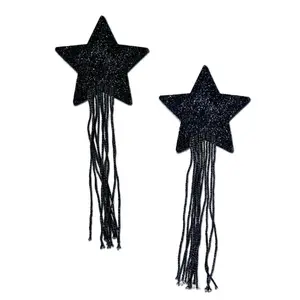 Tassel Pasties: Black Sparkle Star Pastease with Long Fringe Nipple Pasties by Pastease