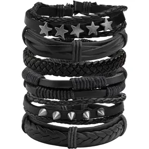 6-12PCS Braided Faux Leather Bracelet Punk Cuff Wrap Bracelets for Men Women Adjustable