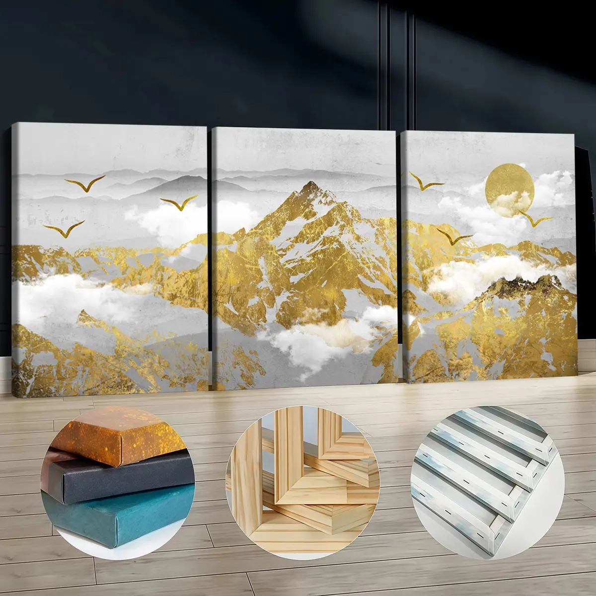 3Pcs Pine Wood-Framed Canvas Prints - Elegant Artistic Gold Birds Landscape Wall Artwork, Waterproof Odorless Home Decoration for Living Room, Office