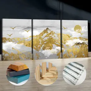 3Pcs Wooden Framed Canvas Painting, Gold Mountains And Birds Landscape Images, Exquisite Poster, Home Decoration, Pattern Wall Art Decor, For Living Room, Bedroom, Office, Restaurant, Bar Wall Decor, Waterproof, Odorless, Painting, Print Artwork.