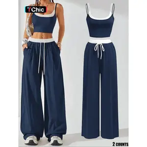 Two-Piece Set Women's Colorblock 2 in 1 Cami Top & Wide Leg Pants Set, Casual Sleeveless Top & Pocket Trousers, Ladies Summer Clothes, Casual Lounge Set