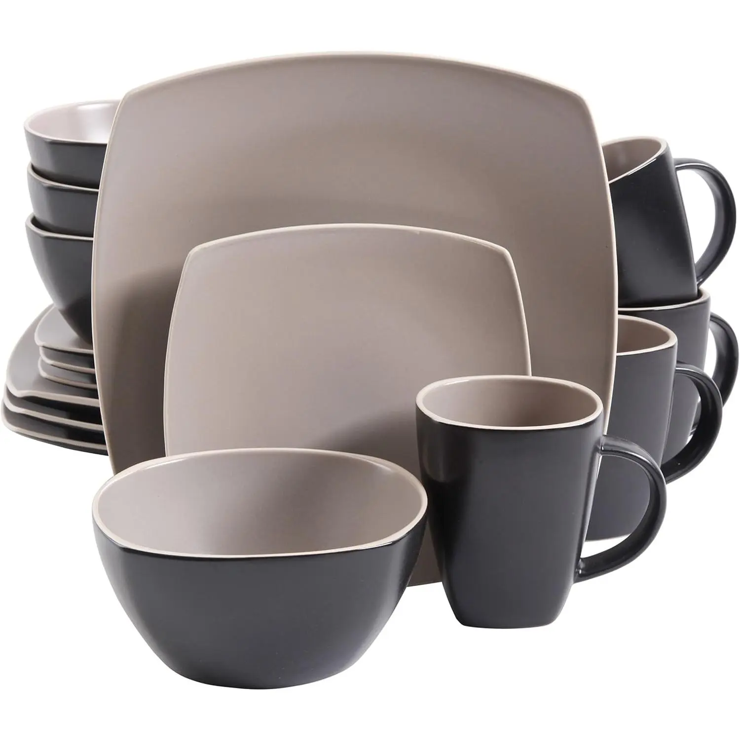 16-Piece Matte Stoneware Dinnerware Set – Service for 4, Taupe & Black Plates and Bowls, Microwave & Dishwasher Safe Ceramic