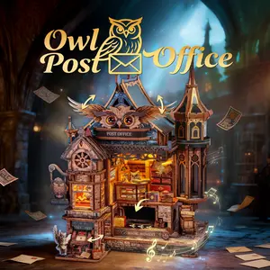FUNPOLA LED 3D Wood Puzzle Owl Post Office, Dynamic Model with Mechanical Gears, DIY Miniature Kit with Music and LED Lights, Home Décor Gift for Adults and Teens