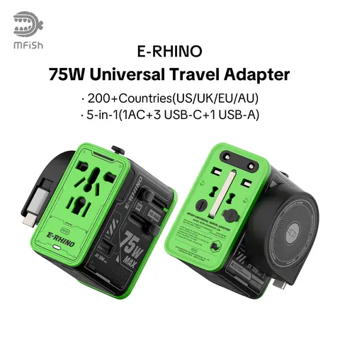 mfish E-RHINO 75W Universal Plug Cordless GaN Electronic Phone Charger - 5-in-1 Charger Adapter with Retractable USB-C Charging Cable, USB-A Compatibility, AC Power Supply Adapter, 200+ Country International Use, Overcurrent Protection