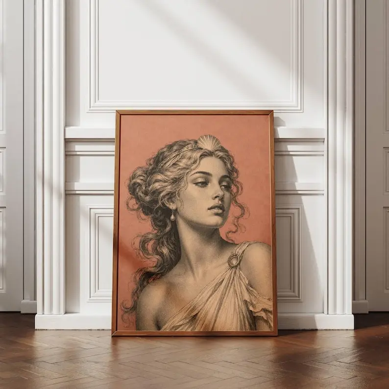 Greek Goddess Wall Art, Vintage Woman Portrait, Mediterranean Art Print, Ancient Greece Poster, Feminine Wall Decor, Terracotta Art