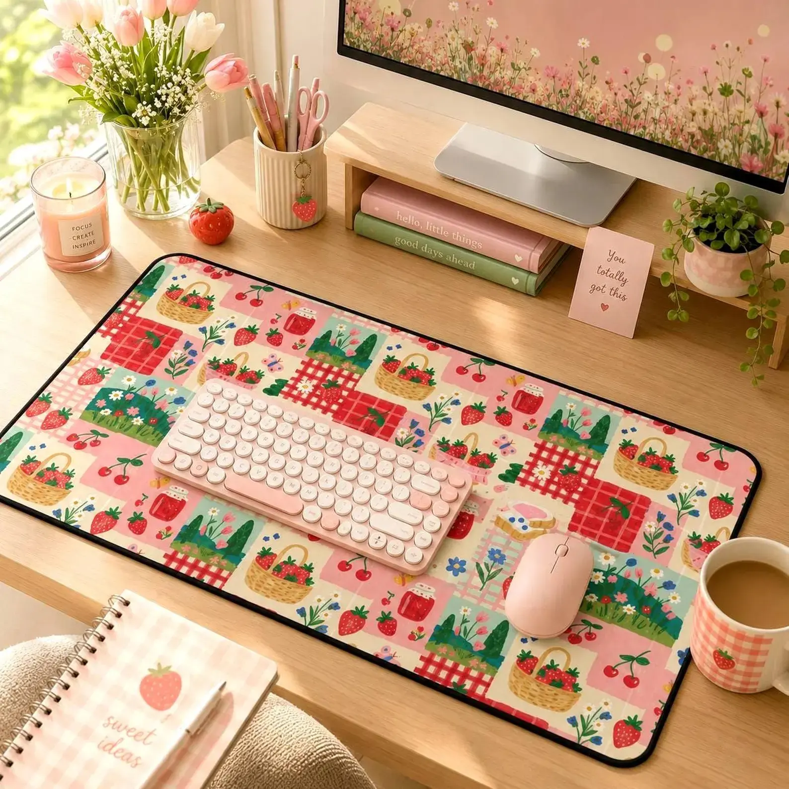 Strawberry Desk Mat Office Decor Cute Work From Home Gaming Pad Fruit Jam Farmer's Market Gift for Mom Teen Girl Berry Lover Gift