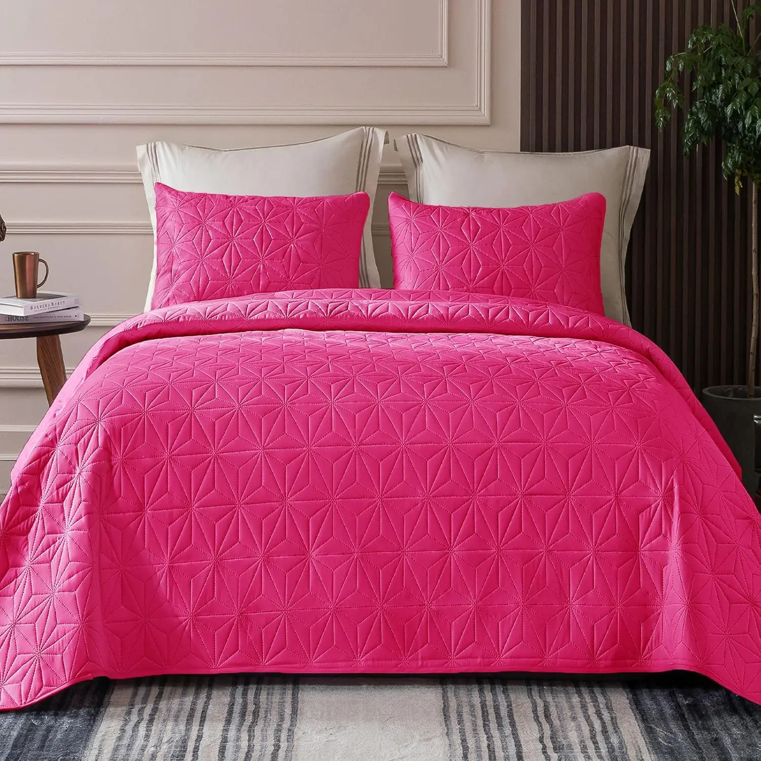 King Bedding Set, Soft Hot Pink Bedspreads King Size for All, 3 Pieces Lightweight Geometric Star Pattern Coverlet