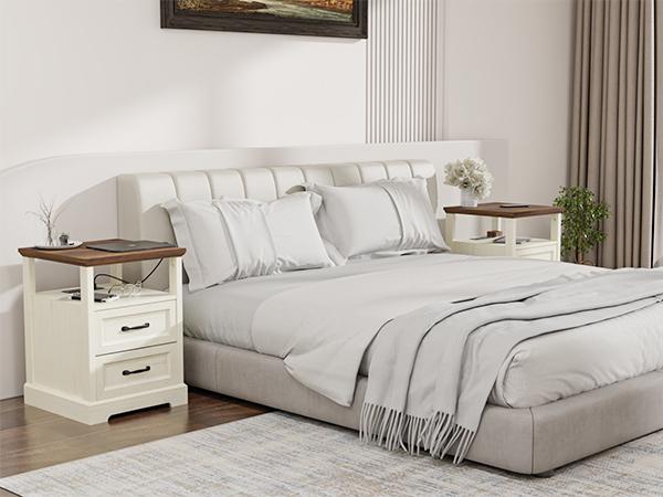 HOMMPA 18'' Farmhouse Nightstand with Charging Station, Bedside Tables with Open Shelf, 2 Drawers End Table Dresser Side Table, Wood Night Stand for Bedroom, Rustic White