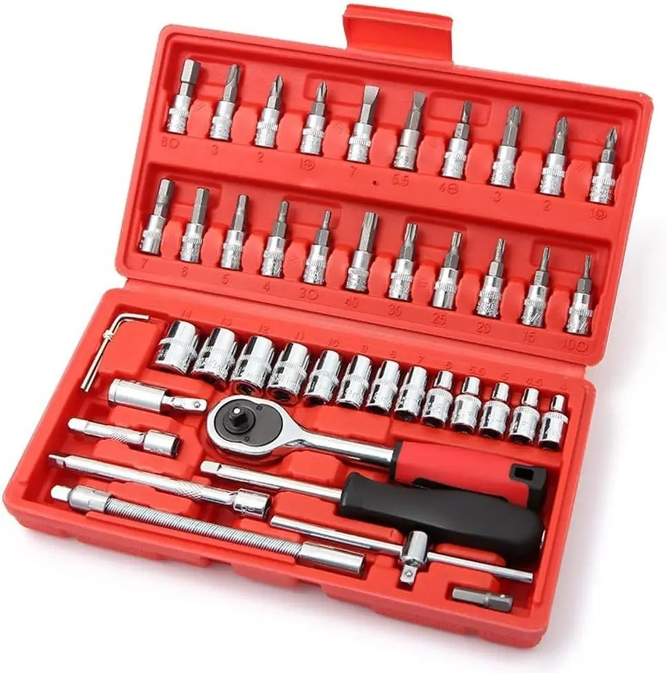 46-Piece 1/4 Drive Ratchet Wrench Socket Kit with Storage Case, Chrome Steel Build, Rubber Grip, Metric Bits, 3 Sizes of Extension Bars for Auto Repair, DIY Projects, Woodwork, Carpentry, Father’s Day Gifts