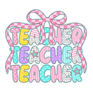 Stacked Teacher Pastel Designs With Pink Checked Bow Direct To Film Print, DTF Print, Ready To Press Print For T-Shirts
