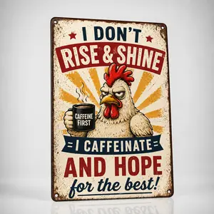 Vintage Rustic Funny Aluminium Chicken Metal Coffee Sign - "I Caffeinate And Hope For The Best", Farmhouse Kitchen Wall Decor, Coffee Lover Home Gift