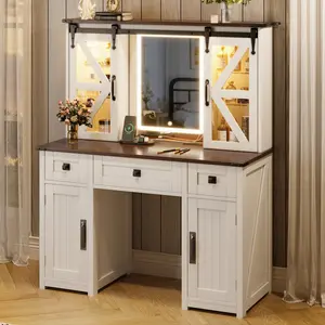 Aobtkel®43.3" Farmhouse Makeup Vanity Desk with Lighted Mirror, Vanity Table Set with Charging Station, Dressing Table with Sliding Barn Door Hidden Shelves & 3 Drawers & 4 Cabinets, Beige