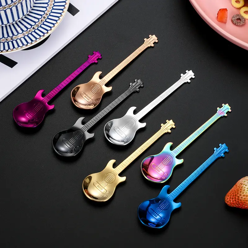 7pcs Stainless Steel Spoon Set, Guitar Shape Coffee Stirrer, Ice Bar Music Bar Spoon, Ideal for Home, Restaurant, Café, Party, Coffee Spoons