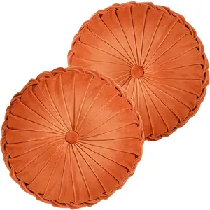 Round Pleated Velvet Throw Pillows, 2 Pcs Decorative Pumpkin Pillow Cushion for Couch Sofa Chair Bed Car Home Decor (14.5 Inch, Orange)