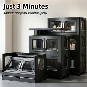 2/3/4/5 Tier Foldable Storage Cabinet with Magnetic Clear Doors & 360° Wheels – Stackable Plastic Storage Bins with No Tools Assembly, Rolling Organizer for Bathroom, Bedroom, Kitchen, Office, Dorm, Space-Saving Dark Gray Multi-Purpose Storage