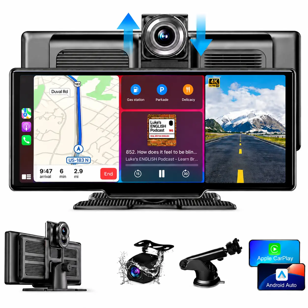 CP10 10.26" Wireless CarPlay & Android Auto Screen with 4K Dash Cam, 1080P Backup Camera, GPS Navigation, Mirror Link & Voice Control for Cars – Drive Safer | Universal Fit for Most Vehicles