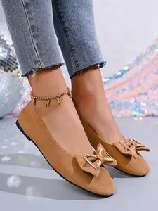 Rhinestone Bow Flat Shoes, Elegant Office Wear, Medium Width, Textile Upper, Rubber Sole, All Seasons, Less Than Ankle Height