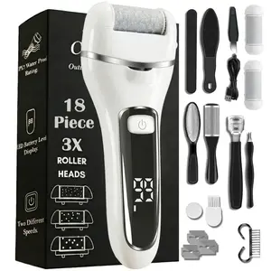 Quantum Lux Rechargeable Electric Foot File for Cracked Heels and Dead Skin - Diamond White with 18-Piece Pedicure Kit and 3 Roller Heads