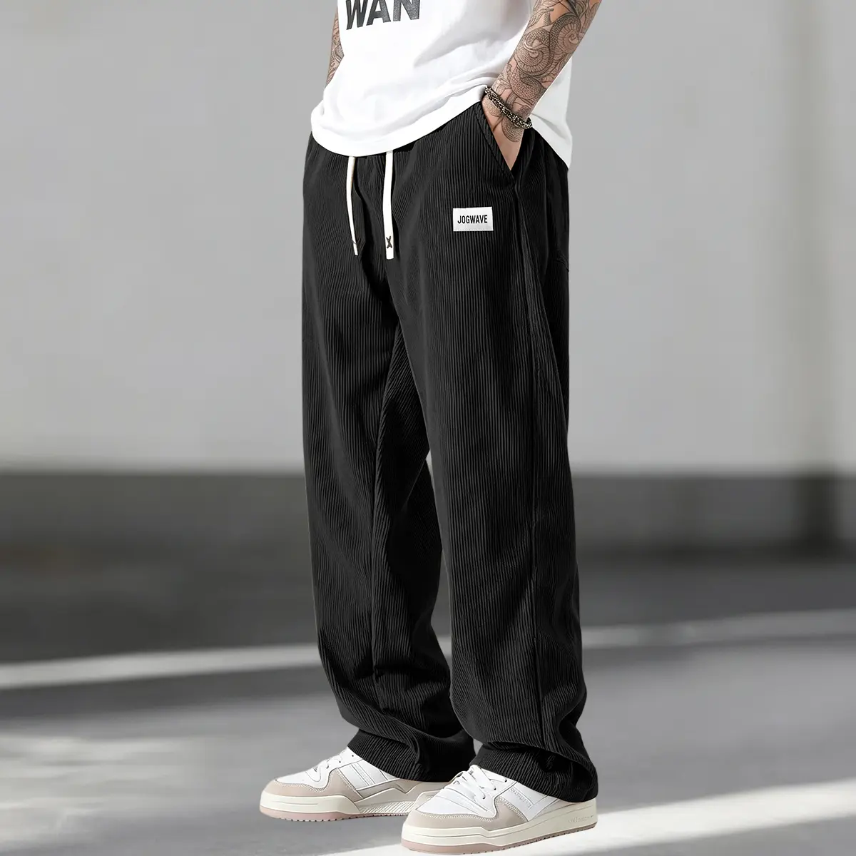 Menswear Polyester Mid Waist All Seasons Men’s New Casual Corduroy Pants - Elastic Drawcord Adjustable Waistband, Back Pockets, Suitable for Outings, Travel, Everyday Wear