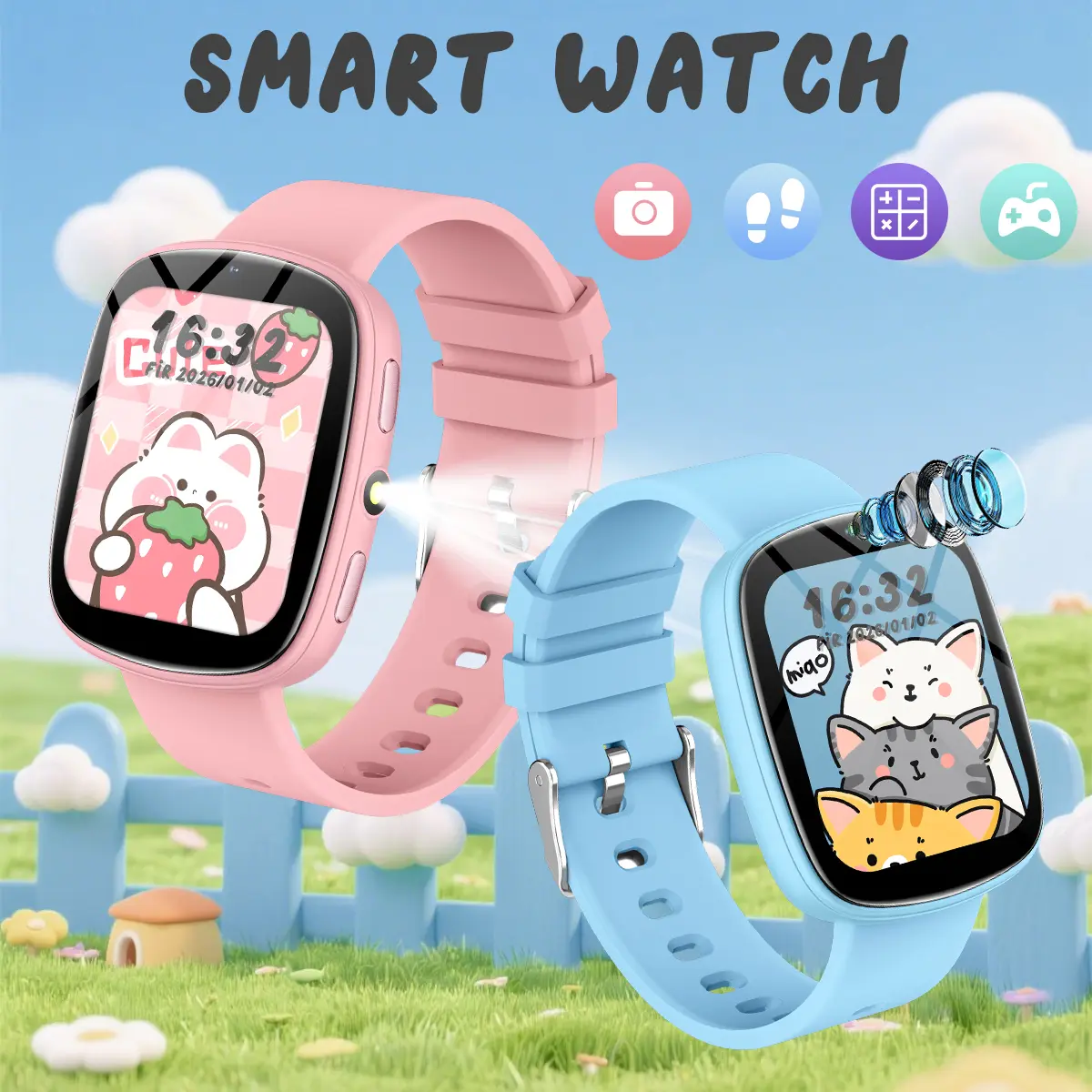 Smart Watch for Kids - Pink & Blue Bands with Cute Animal Designs - Interactive Features & Fun Time Display - Perfect for Children Wearable