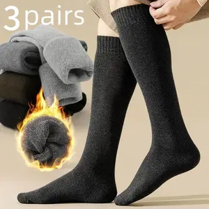 3 Pairs Men's Heavy-Duty Thermal Hiking Socks, Thick Warm Winter Insulation, Machine Washable, Outdoor & Gym Wear, Solid Colors (Black, Gray, Brown)