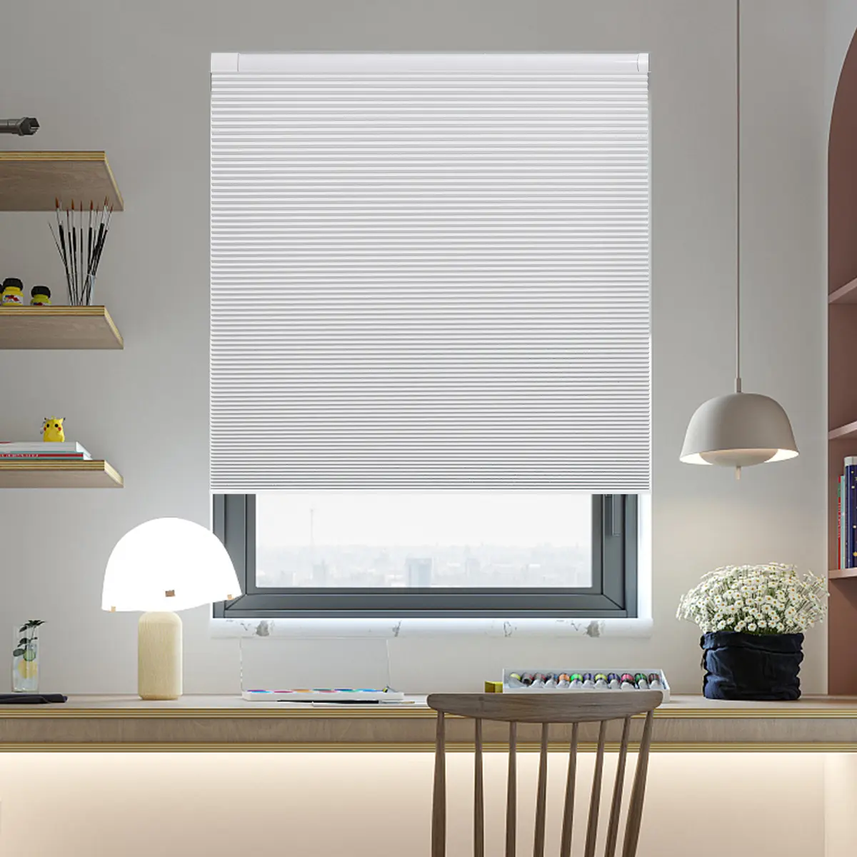 LUXEVOIR No Drill Blackout Honeycomb Blinds Custom Sizes Cordless Light Blocking Easy Install Child-Safe Durable Fabric Perfect for Bedroom Kitchen Office Living Room