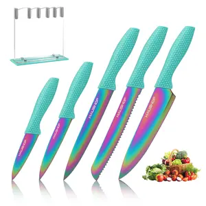 #JumpstartSale HAUSHOF Kitchen Knife Set, 5 Pieces Rainbow Knife Sets with Arcylic Block, Sharp Green Knives Set for Kitchen, Stainless Steel Knives Set with Ergonomic Handle, Great for Slicing, Dicing&Cutting