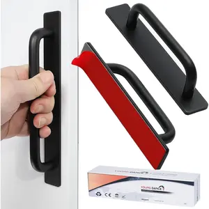 2Pcs 5.83" Black Self-Stick Aluminum Alloy Instant Cabinet Drawer Pull Handles, Adhesive Push Helper for Kitchen Cabinet Drawer Window Sliding Closet Door