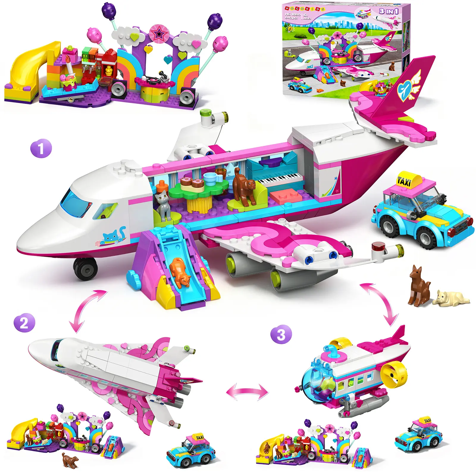 HOGOKIDS 3-in-1 LED Light Building Set, 642PCS Passenger Plane/Submarine/Space Shuttle Kit with Playground, Taxi Car, Slide, STEM Toy Gift for Kids Ages 6-12+ Building Block Kit Building Block Assembly