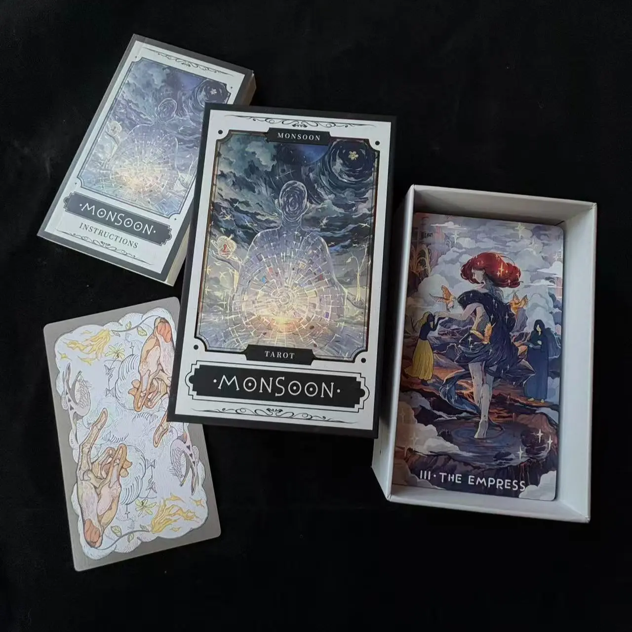 Monsoon Premium Tarot Card Deck Set - Warm and Healing Edition with Hand-Drawn Illustrations, Silver-Edged Sparkling Details, 78 Standard + 2 Premium Cards, Tarot Card Decks, Divination