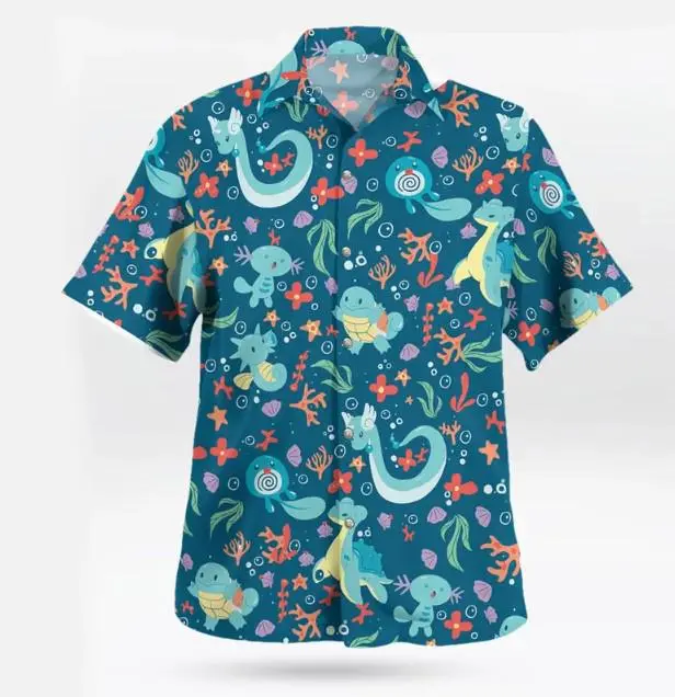 PKM Hawaiian Shirt, Tropical Anime Aloha Button-Up, Ocean Beach Vacation Shirt